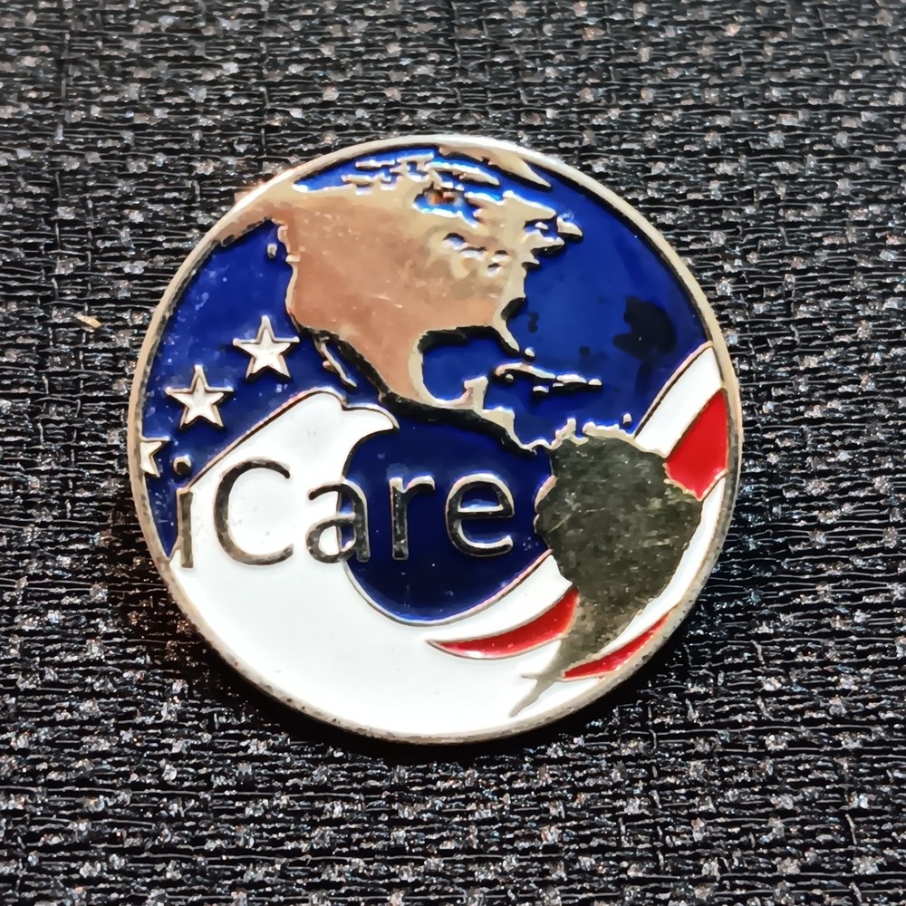 SymbolArts iCare Lapel Pin Blue‎ White Red World Globe Enamel Gold Tone 1 Inch